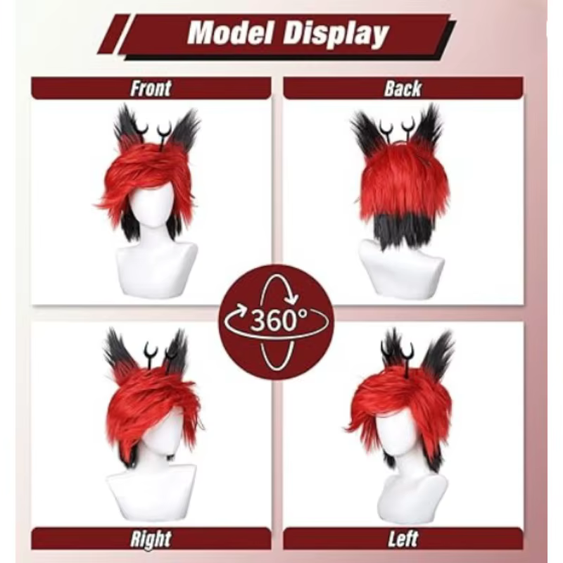 Perruque noire et rouge avec clips de cornes et oreilles détachables pour cosplay