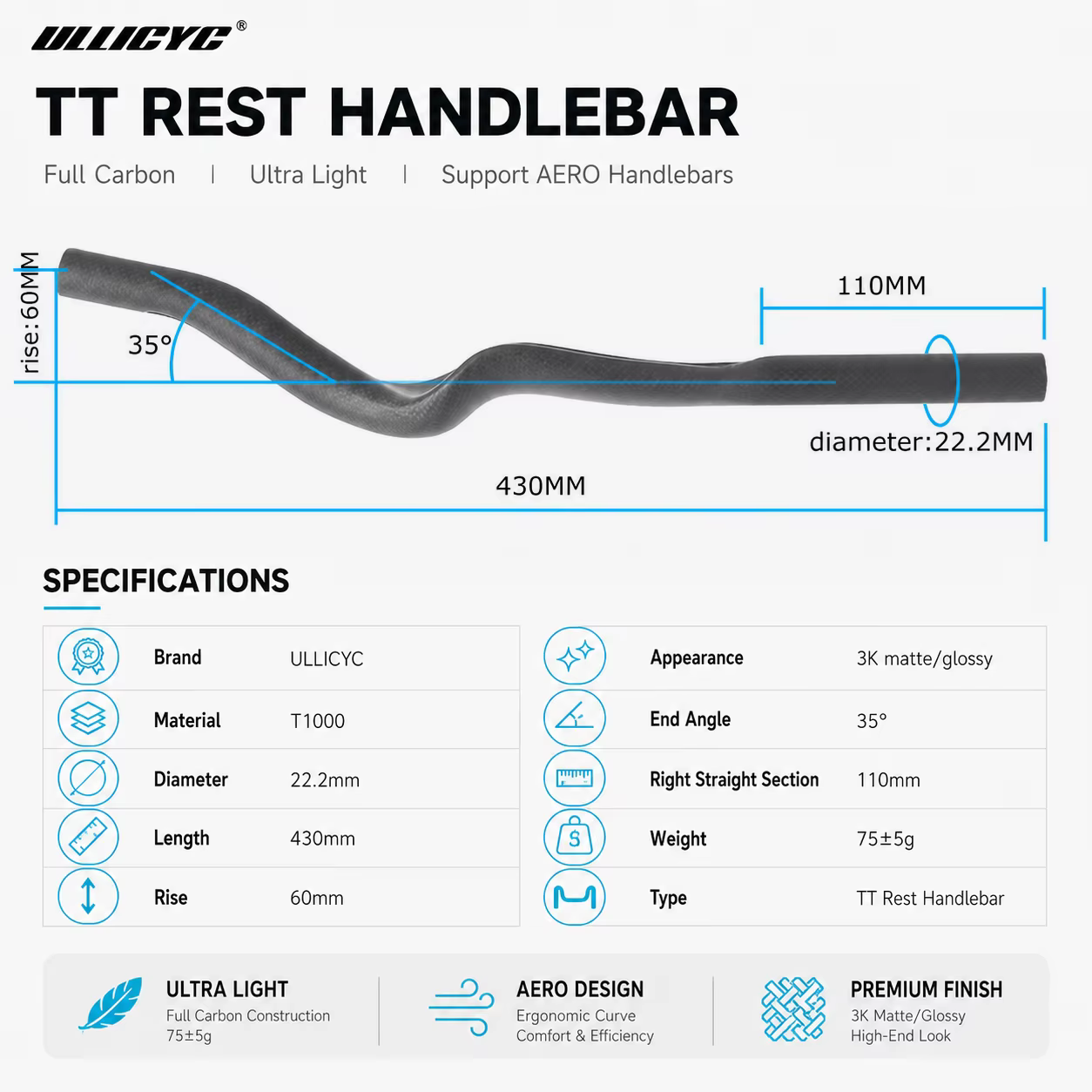 ULLICYC vélo de route Triathlon temps d'essai, repose-vélo entièrement en carbone mat/brillant 3K guidon TT 35 °   Pour guidon d'extension Aero