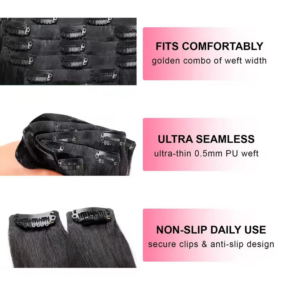 Extensions de cheveux naturels noirs lisses à clips
