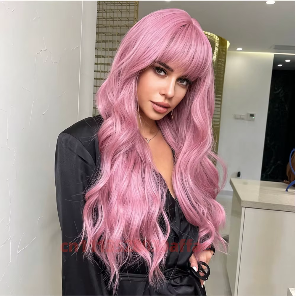 Perruque synthétique longue rose bouclée ondulée tendance avec frange