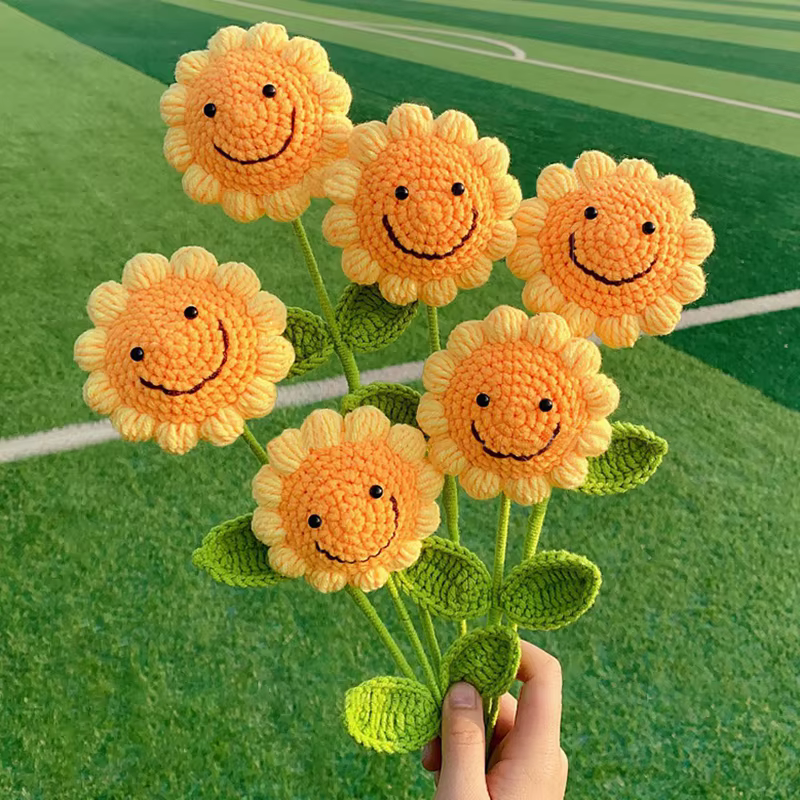 Fleur artificielle au Crochet de tournesol tissée à la main, plantes au Crochet finies, cadeaux d'invité de mariage, décoration de bureau