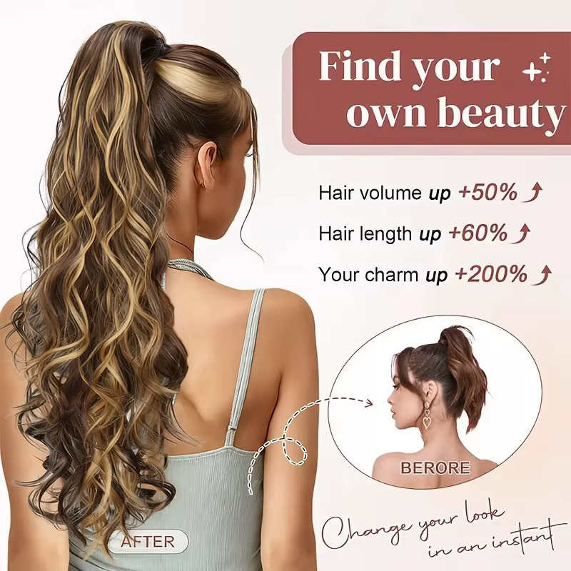 Perruque queue de cheval synthétique pour femmes, longue et bouclée, avec cordon de serrage, Extensions capillaires à clipser pour ajouter du Volume et du Style