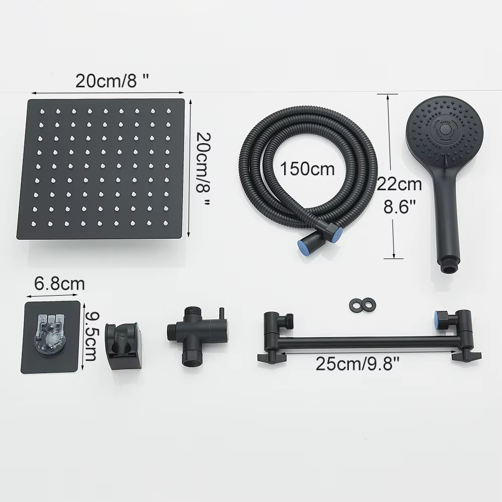 Pommeau de douche à effet pluie haute pression chromé avec douchette combinée et bras d'extension, 6 réglages, douchette réglable en hauteur/angle