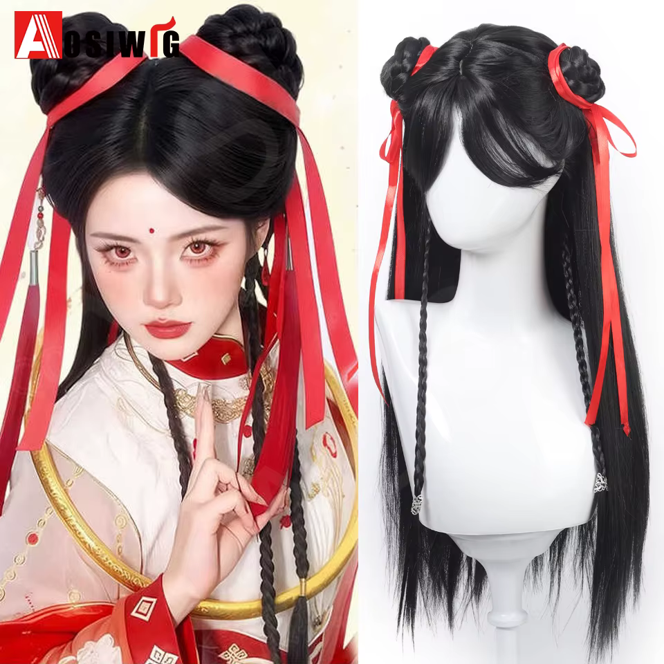 Anime films chinois Cosplay perruque noir cheveux longs raides avec tresse ruban rouge Double chignon styleet