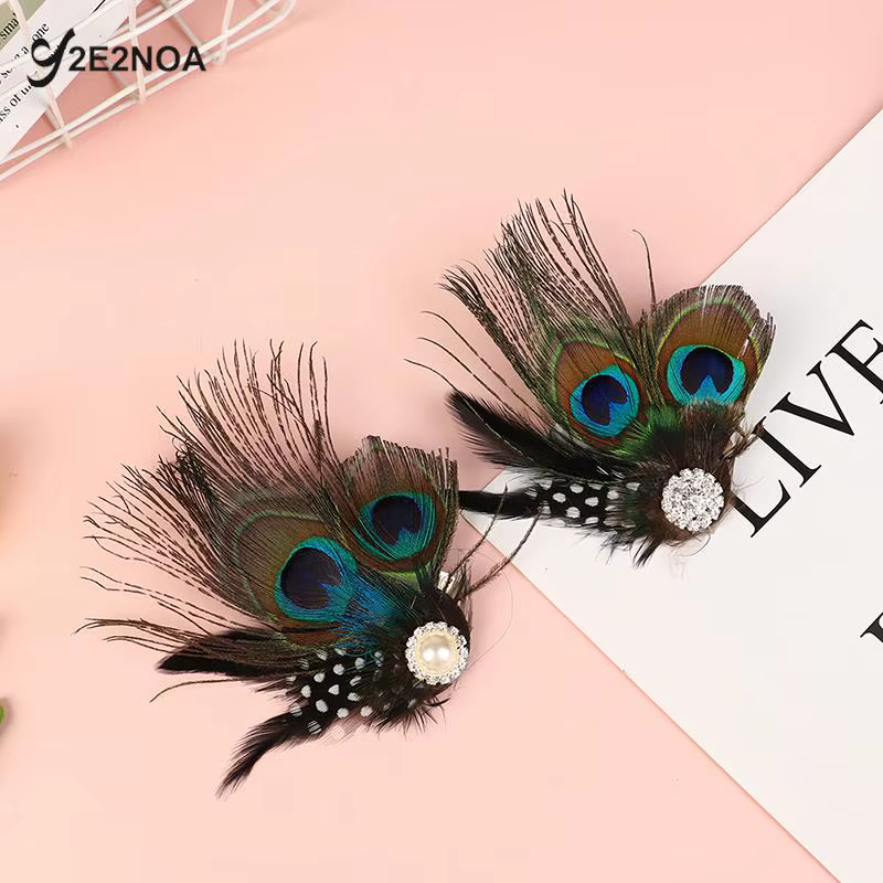 Pince à cheveux en plumes de paon pour filles