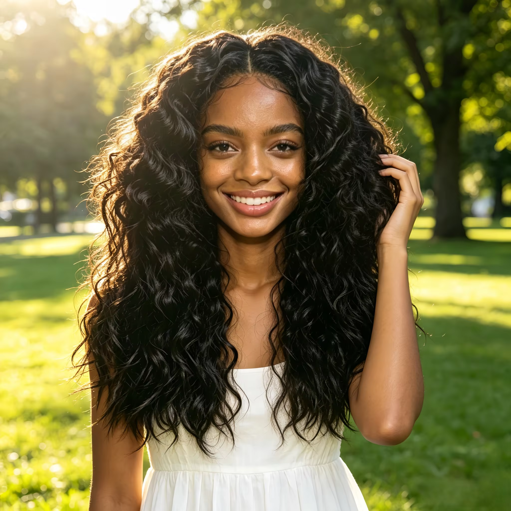 Perruque synthétique noire bouclée longue pour femme