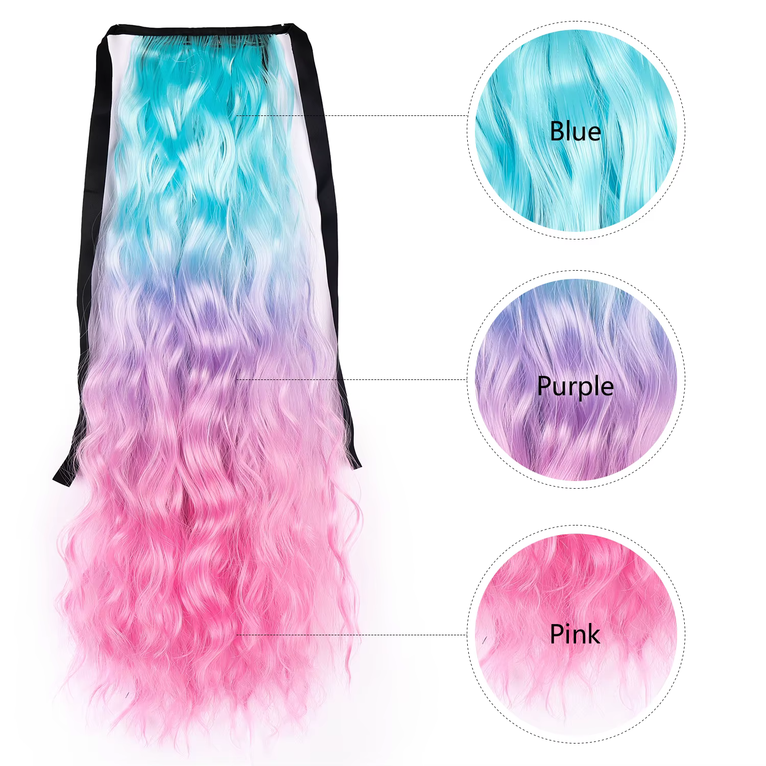 Extensions de queue de cheval colorées synthétiques bleu violet rose Ombre couleur vague d'eau