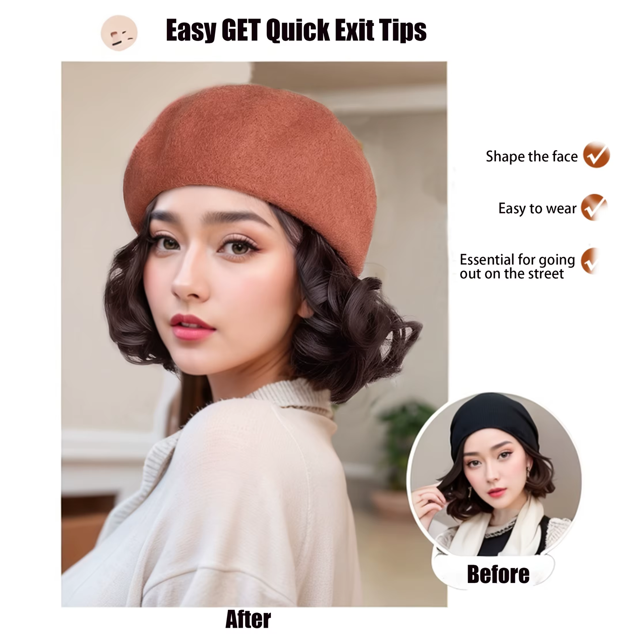 Perruque élégante pour femme avec chapeau béret et cheveux synthétiques courts bouclés - Polyvalente pour un usage