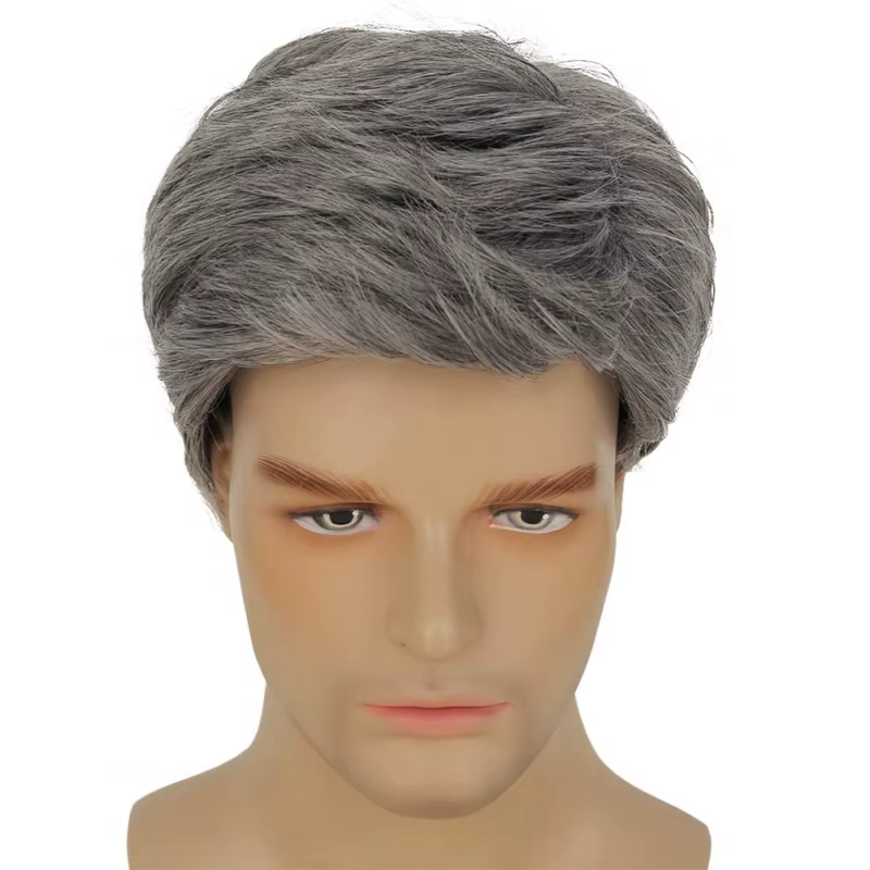 Perruque Courte Synthétique Grise pour Homme