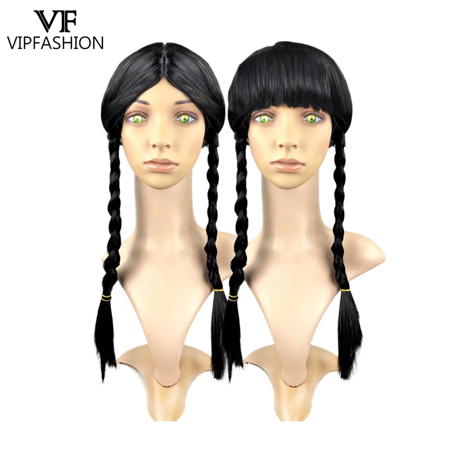 VIP FASHION Girl Halloween Wed. Adddams Cosplay perruque noir Double tresses cheveux partie centrale frange perruques