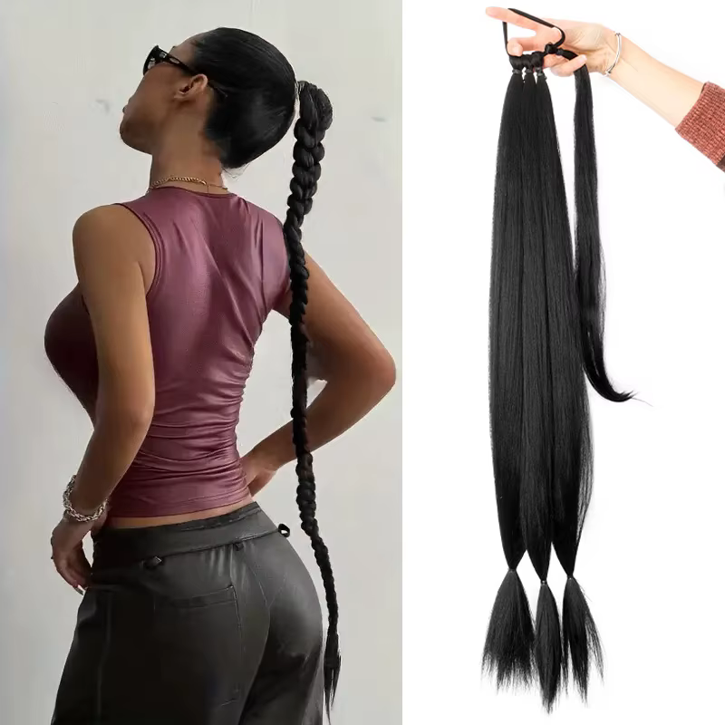 30 pouces synthétique longue droite bricolage pré tresse queue de cheval Extension de cheveux élastique