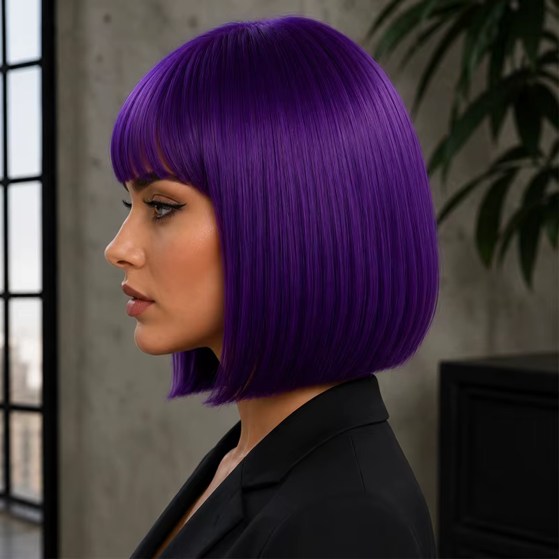 Perruque synthétique violette foncée de 12 pouces avec frange