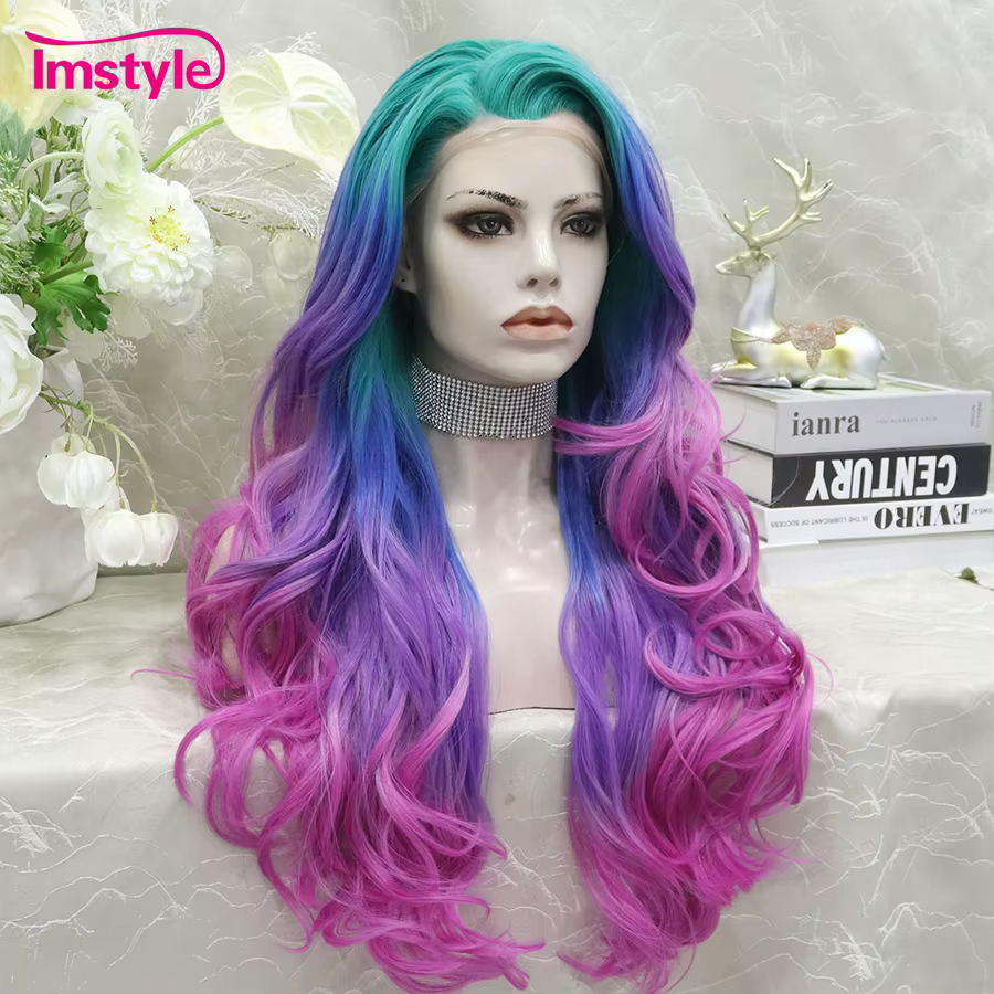Imstyle Ombre coloré synthétique dentelle avant perruque vert bleu rose violet
