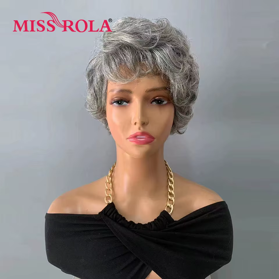 Miss Rola ondulé coupe lutin perruques 100% cheveux humains entièrement fait à la Machine gris et noir mettre en évidence perruque avec frange brésilienne Remy vagues