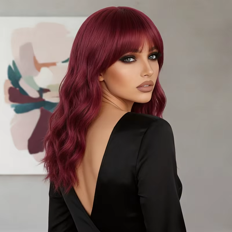 Perruque synthétique rouge bordeaux pour femme