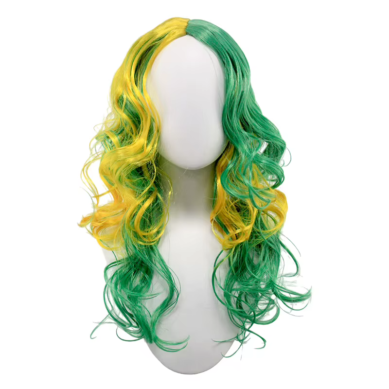 Perruque synthétique longue ondulée ombrée vert-jaune