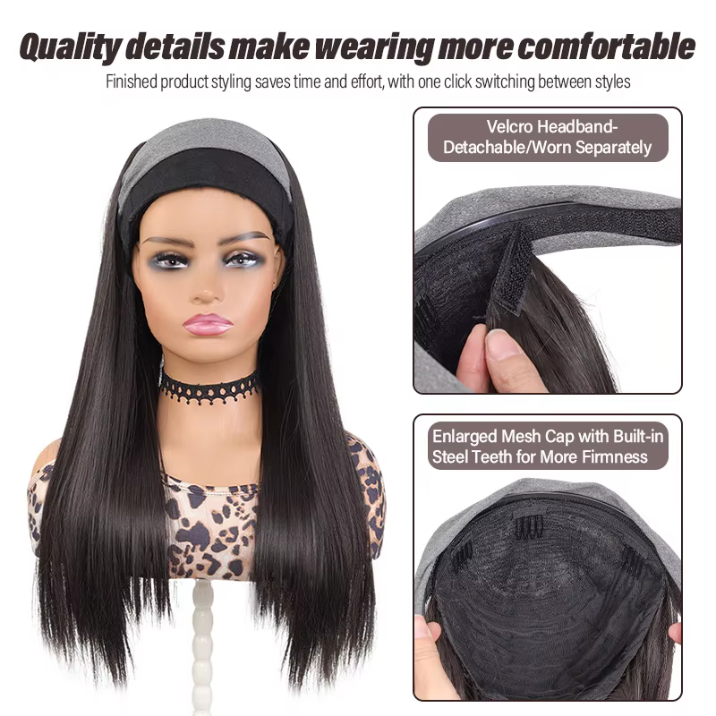 Demi-perruque tendance pour femme avec bandeau gris et cheveux synthétiques longs et raides