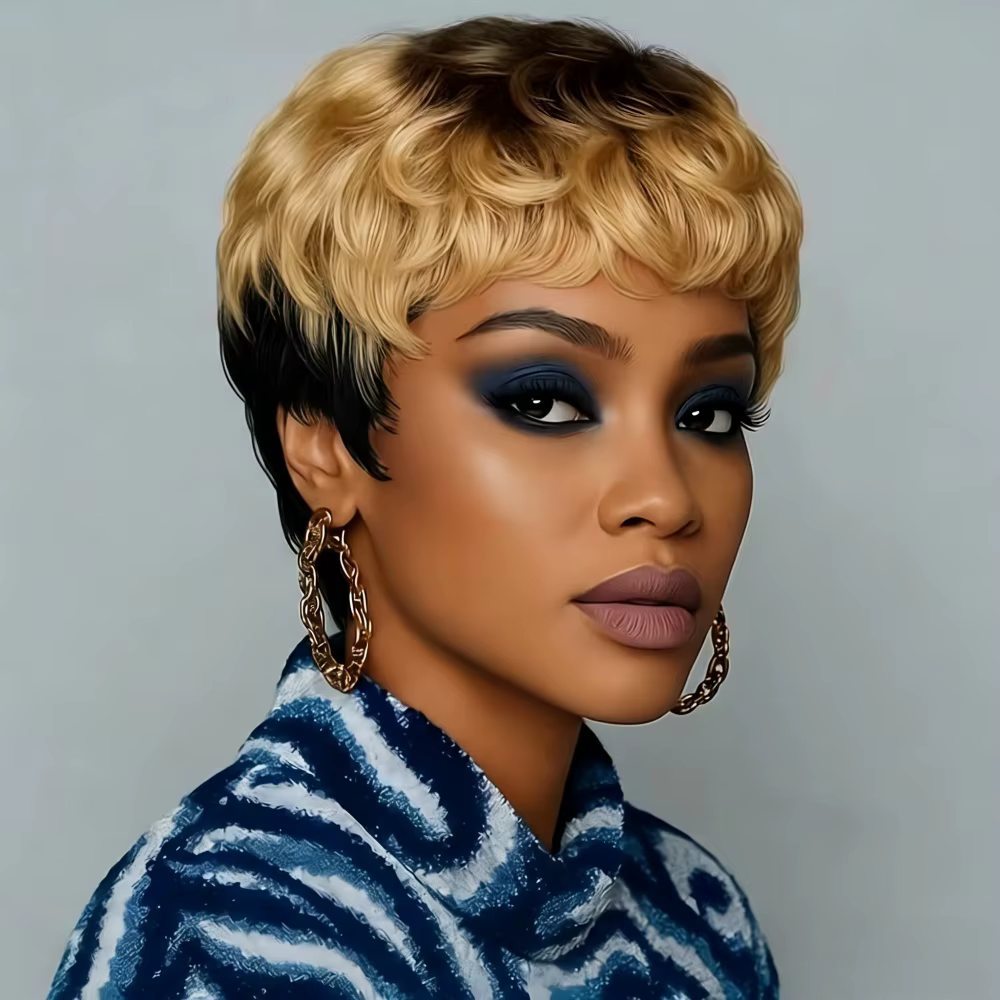 Perruque Pixie Cut en cheveux humains bouclés ondulés avec frange