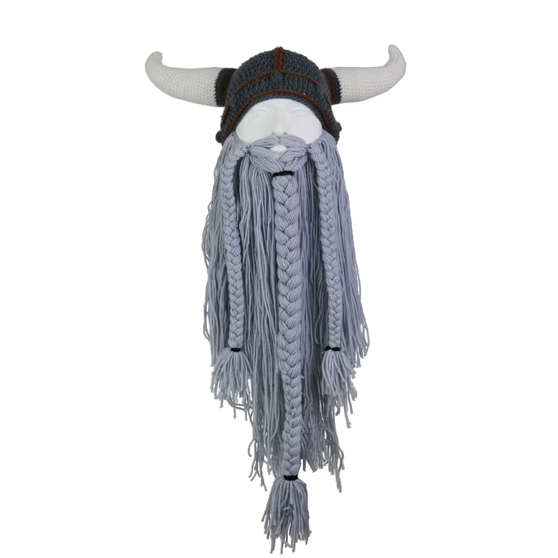 Chapeau Masque Cornes Viking Homme Barbu – Bonnets Hiver Amusants Faits Main pour Hommes – Accessoire de Fête de Noël