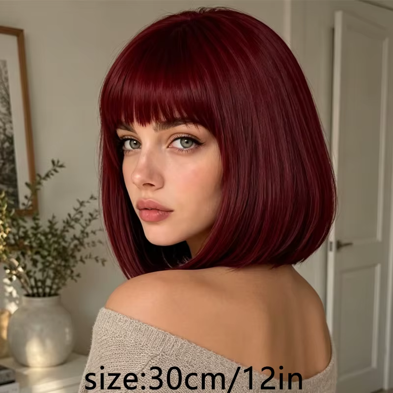 Perruque bob bordeaux, 12 pouces, franges soignées, extrémités lisses et droites, perruque synthétique courte pour femmes, pour un style quotidien.