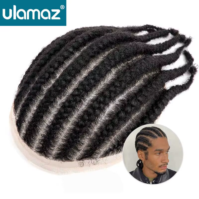 Cornrow tresses pleine dentelle hommes perruque 8 brins tresse toupet cheveux humains français
