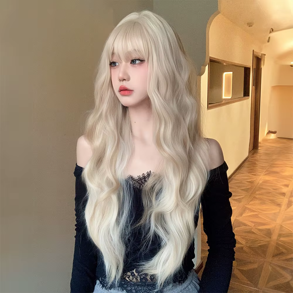 Perruque blonde ondulée naturelle avec frange, longue et bouclée, pour femmes, usage quotidien, fête, cosplay, perruque synthétique résistante à la chaleur