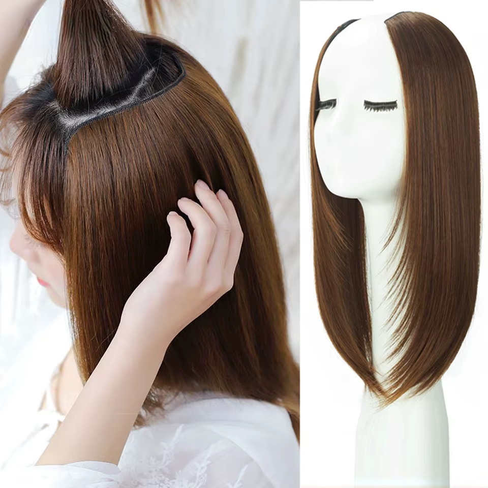Perruque postiche synthétique longue et lisse en forme de V de 18 pouces pour femmes