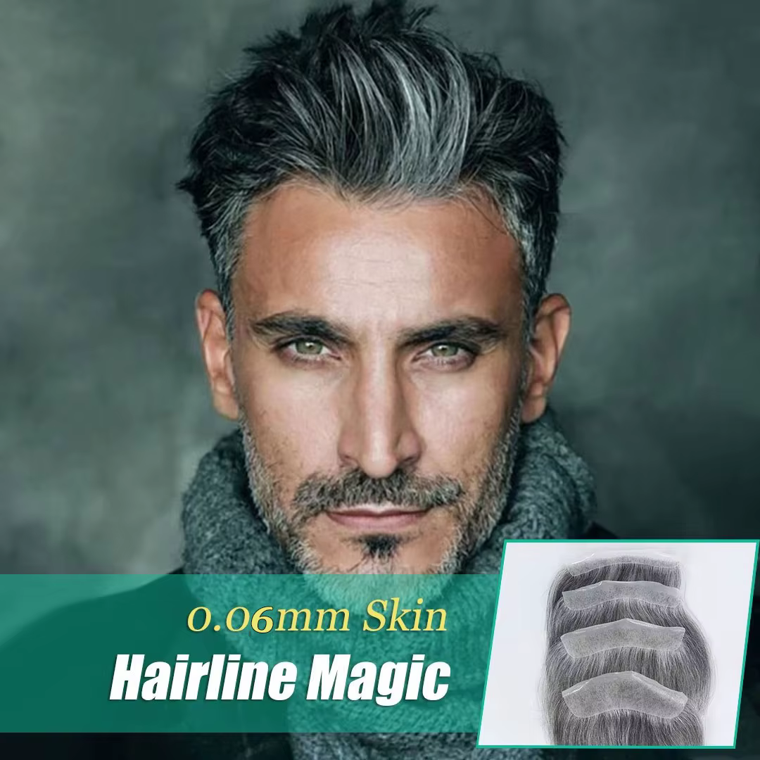 Toupet gris pour hommes postiche humaine 0.06mm peau Ultra mince Style V ligne de cheveux frontale