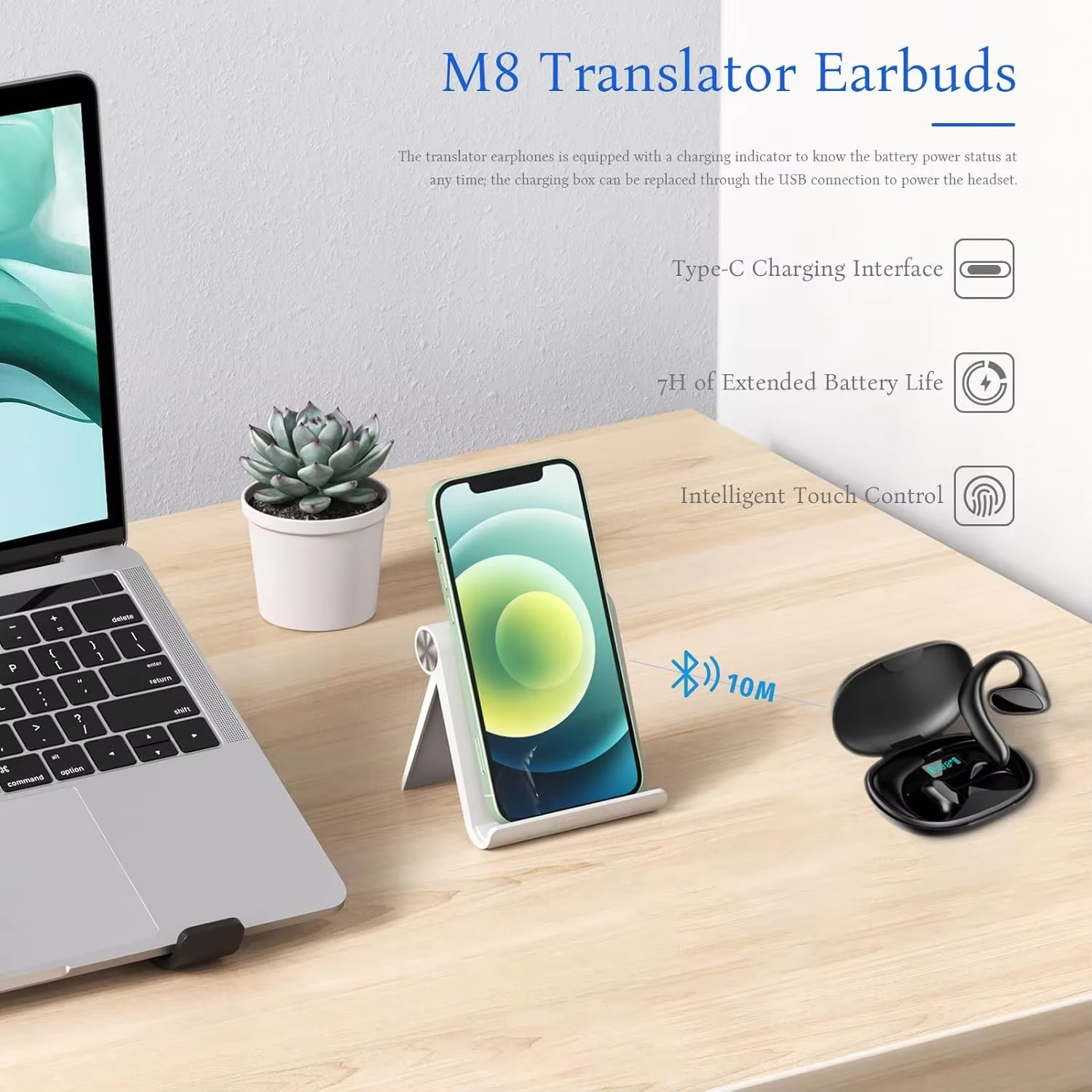 Écouteurs de traduction BT de langue M8, casque Bluetooth qui prend en charge la traduction en 144 langues, traduction en ligne ou hors ligne