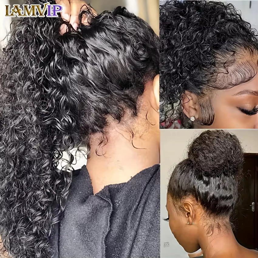 30-36 pouces 360 pleine sangle invisible cordon Sung Hd dentelle 250 densité eau crépus bouclés profonde perruque de cheveux humains noir sans colle