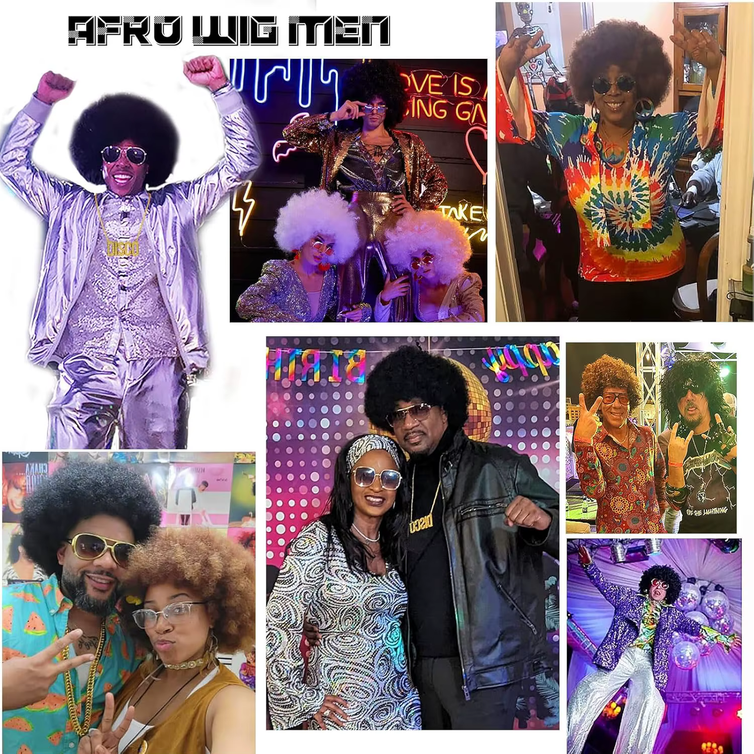Perruque synthétique style disco rock des années 50 avec lunettes et collier