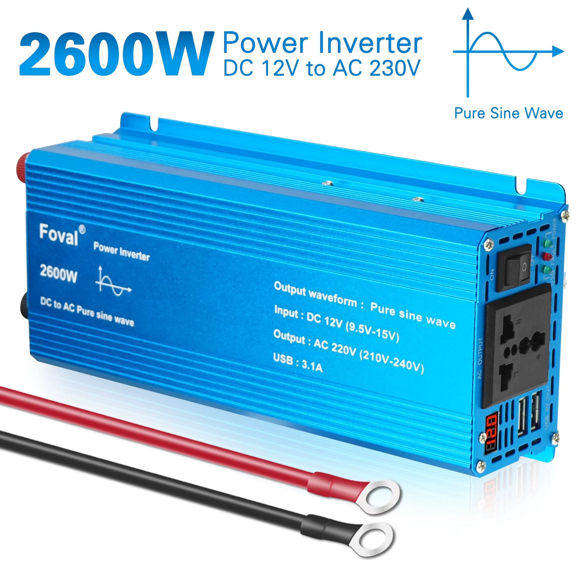 Onduleur à onde sinusoïdale Pure DC 12V à AC 220V 230V 1500W/2200W/2600W, convertisseur de transfert de tension, prise ue universelle, accessoires automobiles