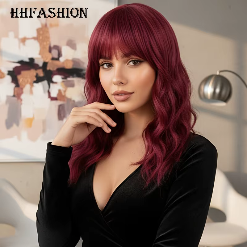 Perruque synthétique rouge bordeaux pour femme