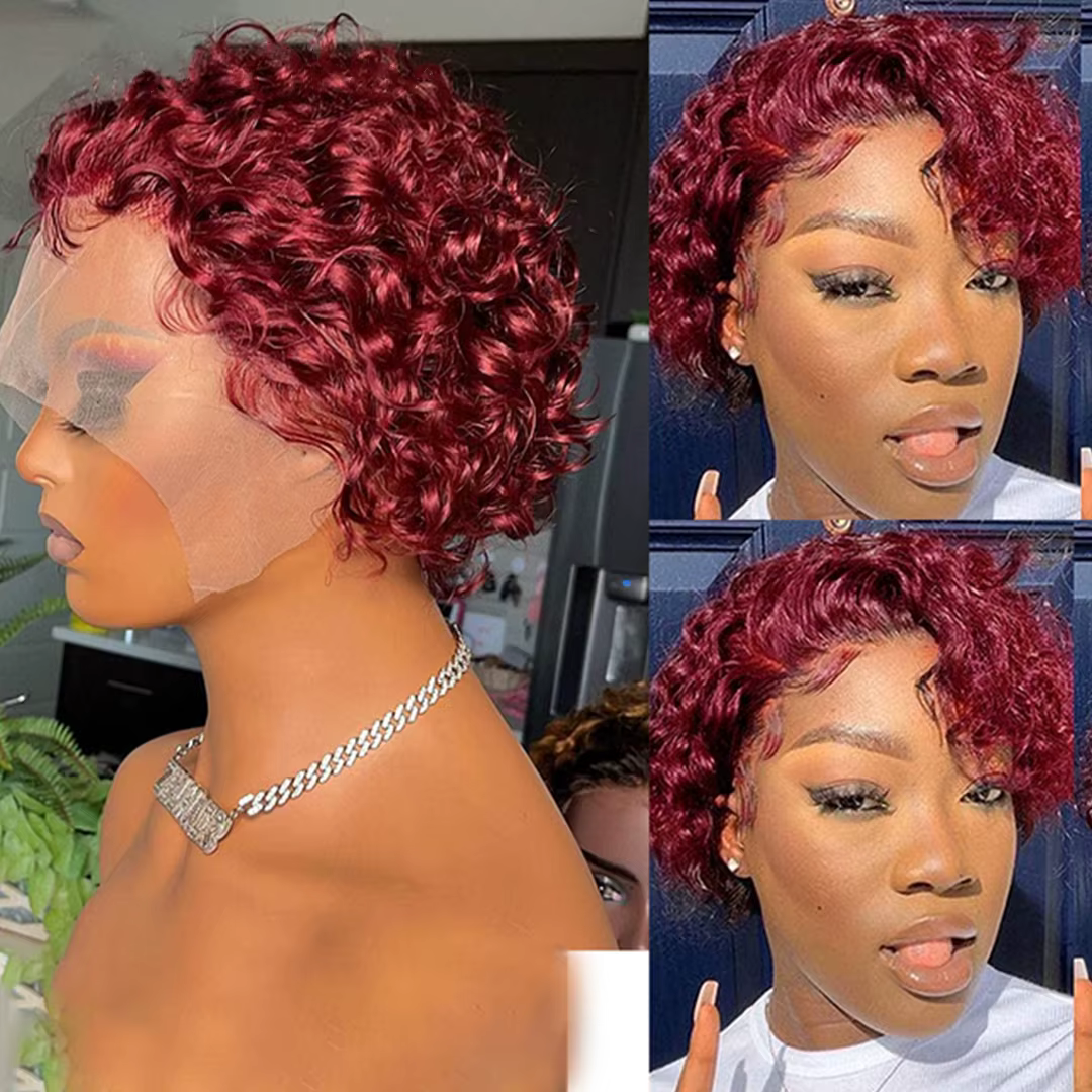 Perruque courte bouclée coupe pixie couleur miel avec mèches bordeaux 99J