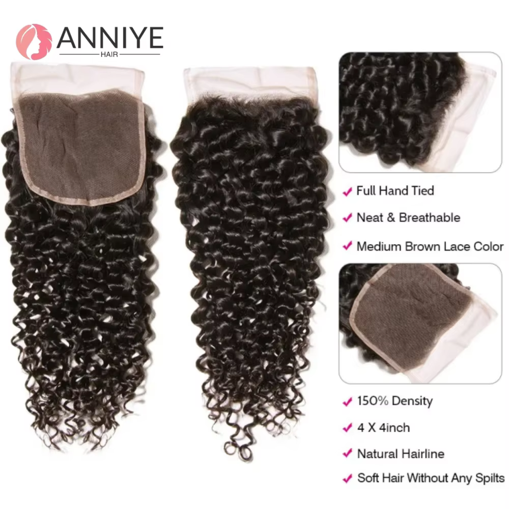 Lot de 3 mèches de cheveux humains bouclés crépus avec closure en dentelle 4x4