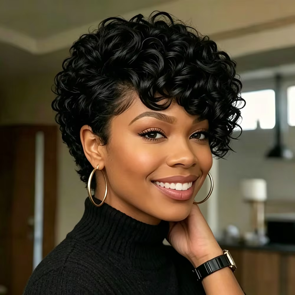 Perruque courte bouclée couleur naturelle coupe pixie
