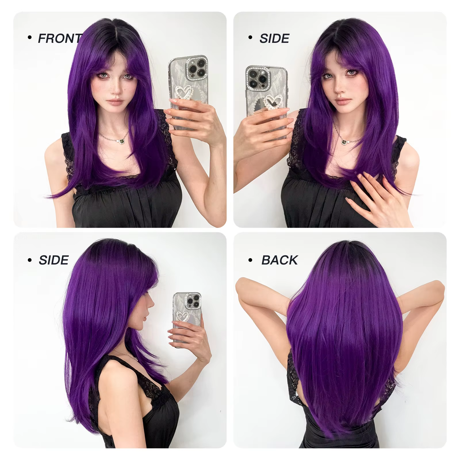 Perruque Synthétique Longue Droite Violet Foncé avec Frange