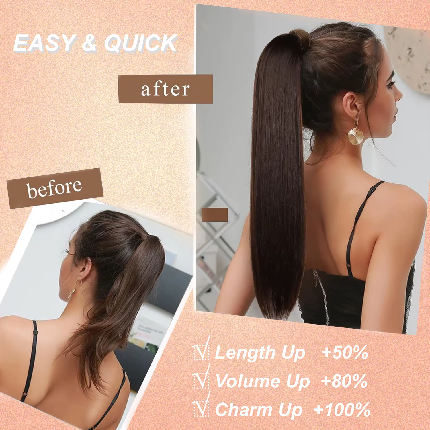 Extensions de cheveux queue de cheval longues tressées avec élastique