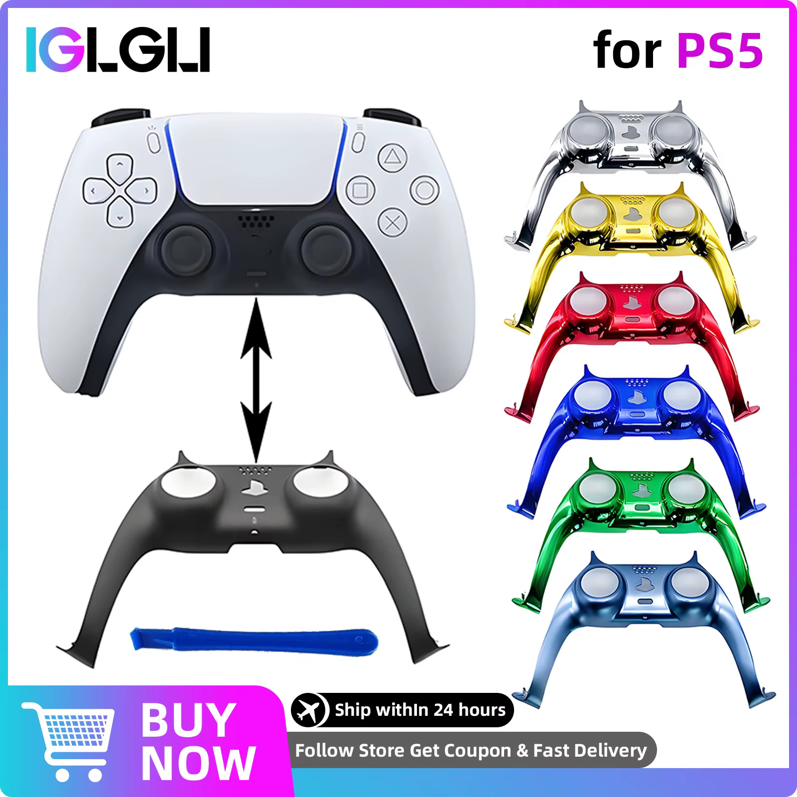 Bande décorative pour manette PS5, couvercle de poignée chromé de remplacement avec levier de démontage, accessoires de coque de remplacement à ajustement précis pour bricolage