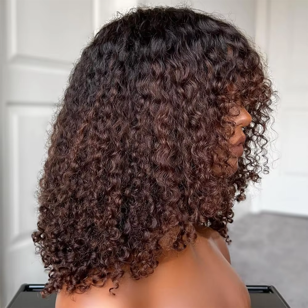 Perruque bouclée birmane avec frange 7x5 HD dentelle sans colle Ombre marron 4X4 5X5 pré-coupée HD