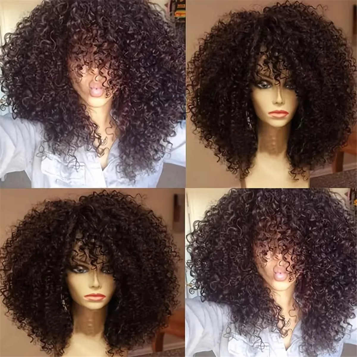 16 pouces pour perruques de cheveux afro avec frange fibre synthétique douce aucune perruque de dentelle pour cosplay