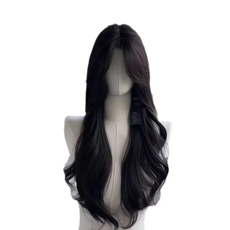 Perruque de cheveux longs noirs simulés pour femmes
