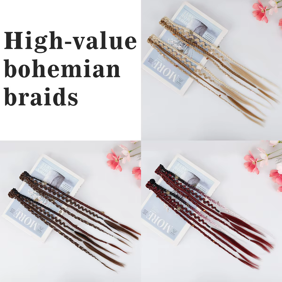 Extensions de cheveux tressées synthétiques style bohème ombré bordeaux avec mèches viking bohèmes pour femmes