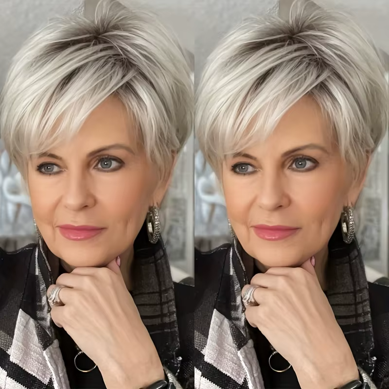 Perruque synthétique tendance pour femme - Bob court gris naturel