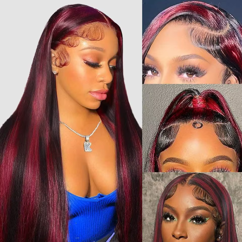 Ombre mettre en évidence bordeaux perruque cheveux humains 13x4 droite dentelle avant
