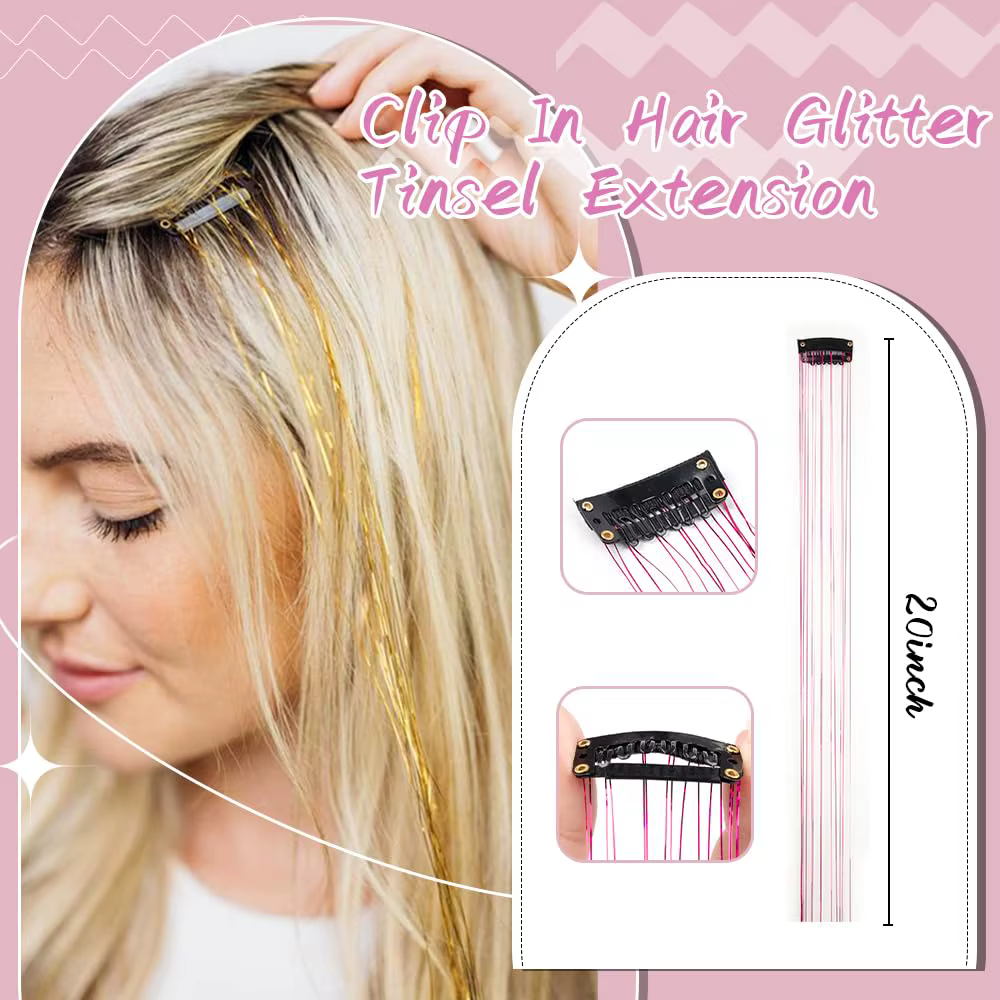 12 pièces pince à cheveux en 19.6 pouces paillettes guirlandes Extensions