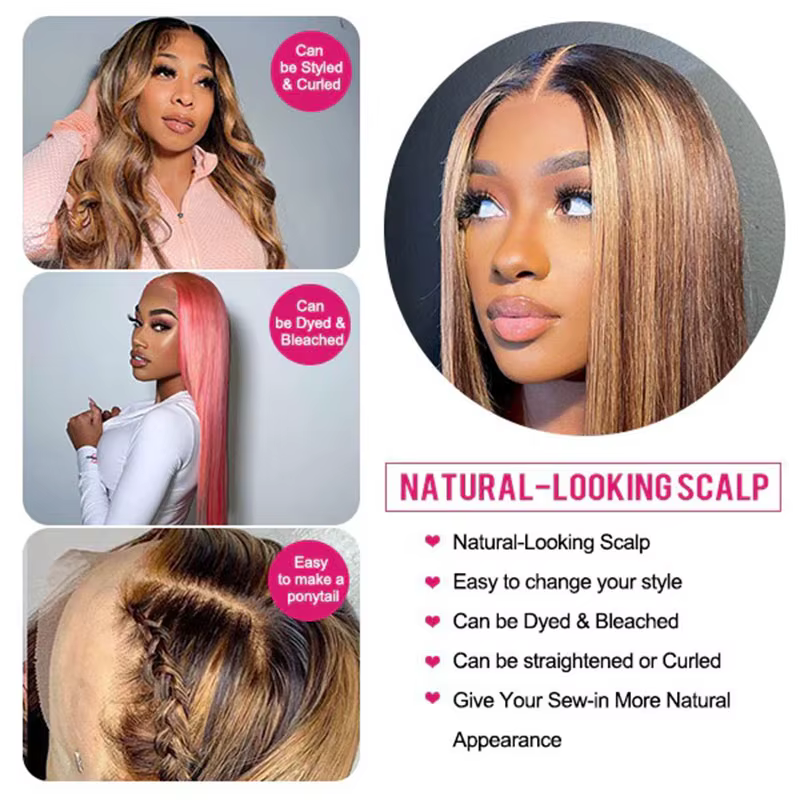 Perruque Lace Front Wig brésilienne naturelle, cheveux lisses, blond miel, 13x6, à reflets, pour femmes