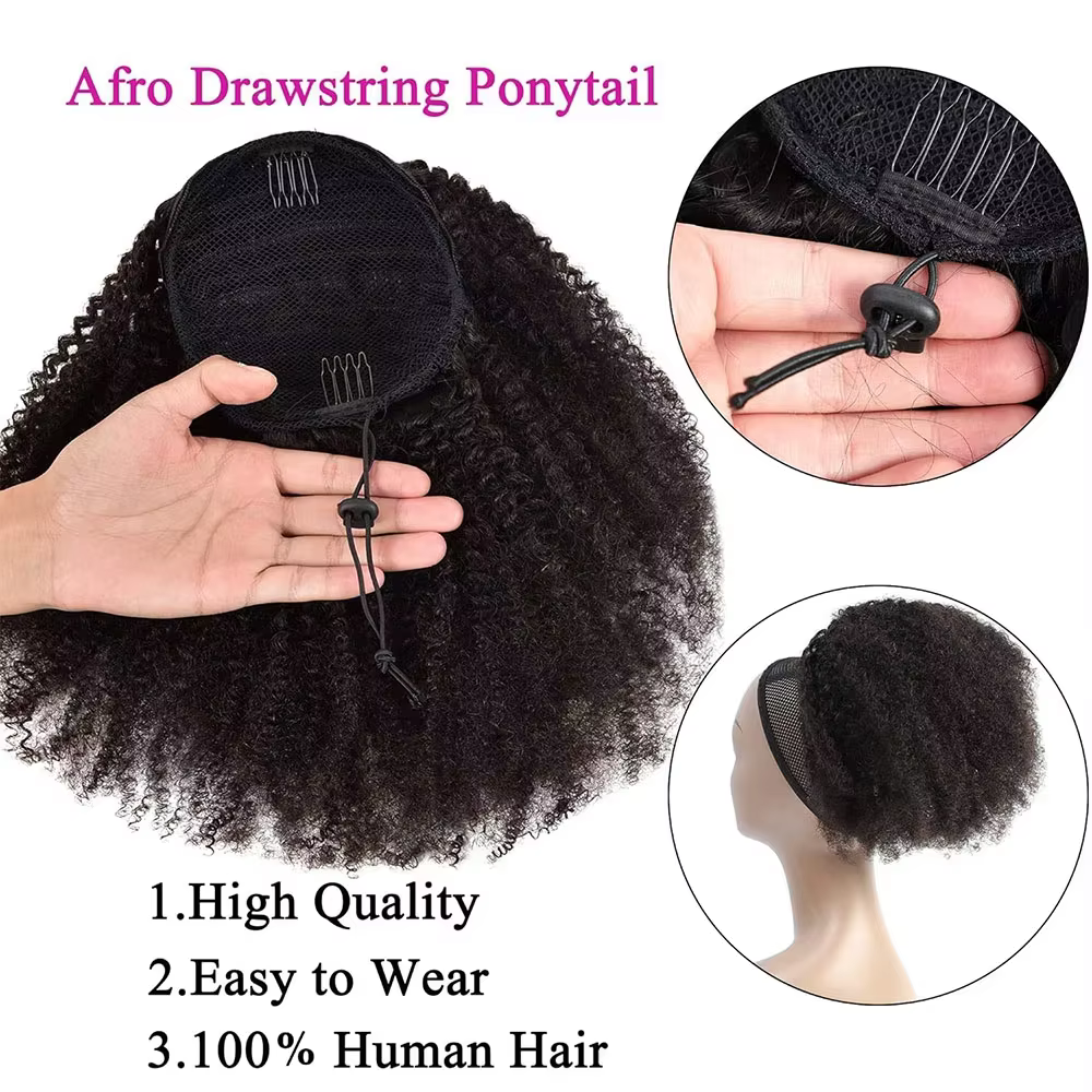 Extension de queue de cheval à clipser en cheveux humains mongols Remy, bouclés afro crépus, à enrouler, pour femmes noires