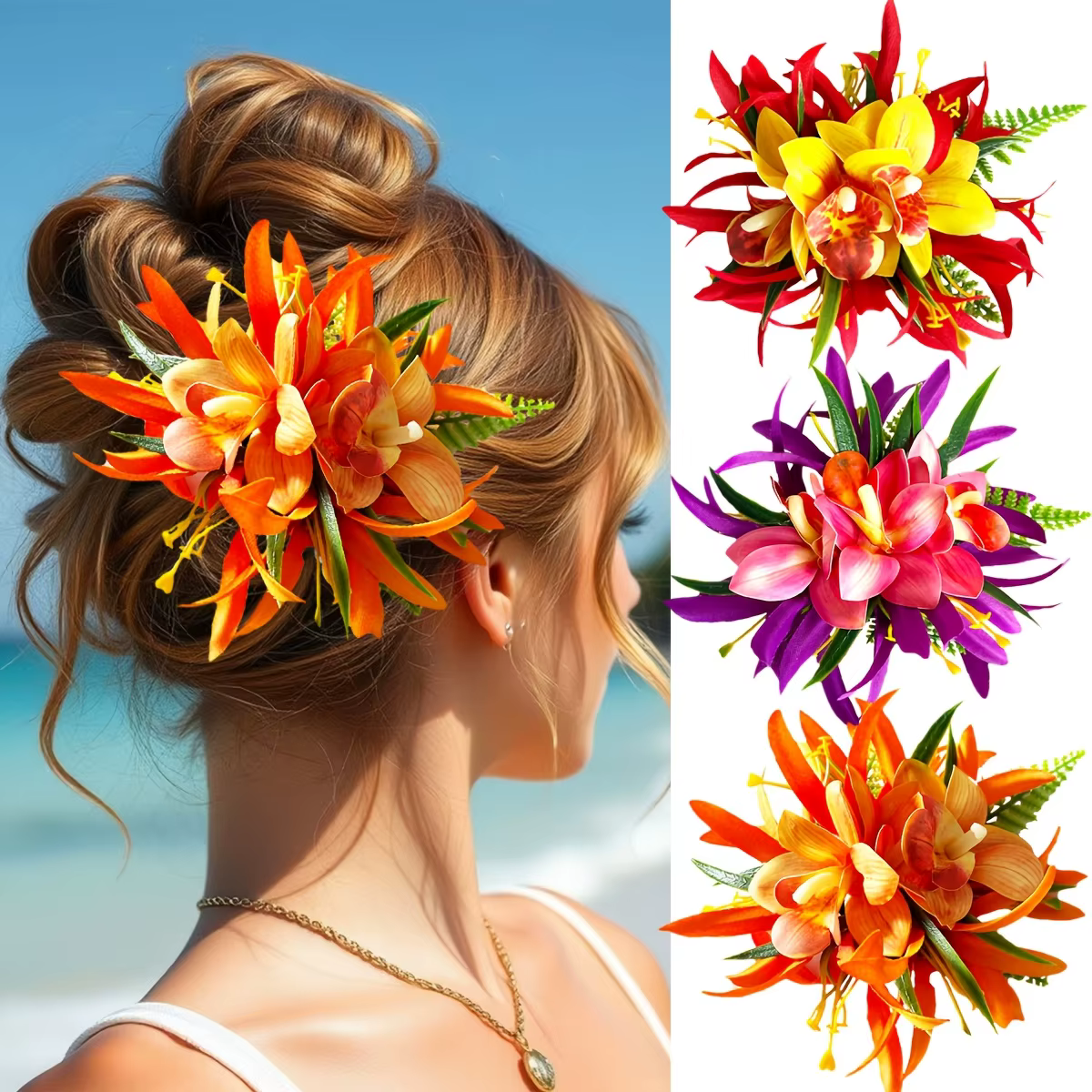 1pc Clip à cheveux en fleur d'orchidée artificielle pour les vacances à la plage hawaïenne