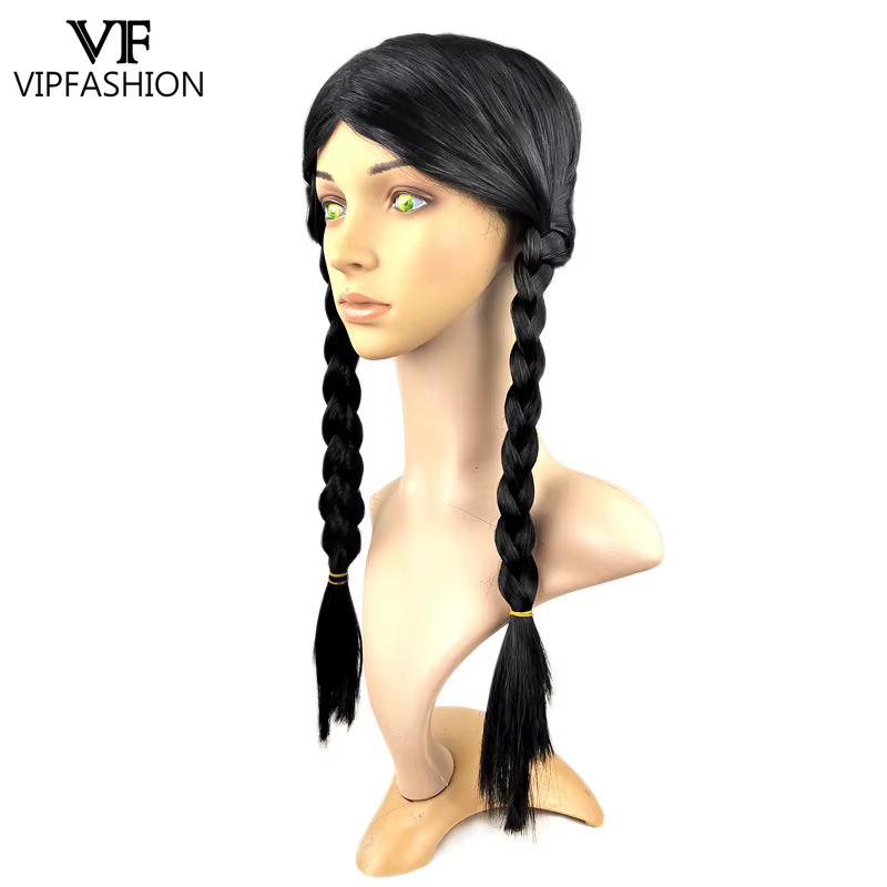 VIP FASHION Girl Halloween Wed. Adddams Cosplay perruque noir Double tresses cheveux partie centrale frange perruques